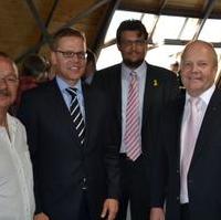 Bild vergrößern:Freuten sich über über die gelungene Sanierung.Fraktionsvorsitzender Wigbert Schwenke, Bundestagskandidat Tino Sorge, CDU-Kreisvorsitzender Tobias Krull und Staatssekretär Dr. Klaus Klang nach dem Aufstieg in den Wasserturm (v.l.n.r.)