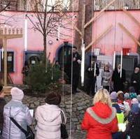 Bild vergrößern:Entzündung des ersten Lichts des Chanukka-Leuchters im Innnenhof des Hundertwasserhauses am 13. Dezember. 