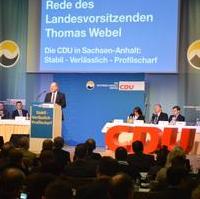 Bild vergrößern:Der alte und neue Vorsitzende der CDU Sachsen-Anhalt, Thomas Webel, bei einer seiner Reden auf dem CDU Landesparteitag. 