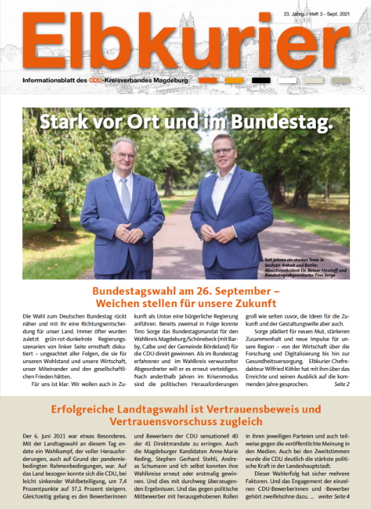 Die neuste Ausgabe der Magdeburger CDU-Zeitschrift ELBKURIER ist nun unter https://bit.ly/3kUS8zd abrufbar.