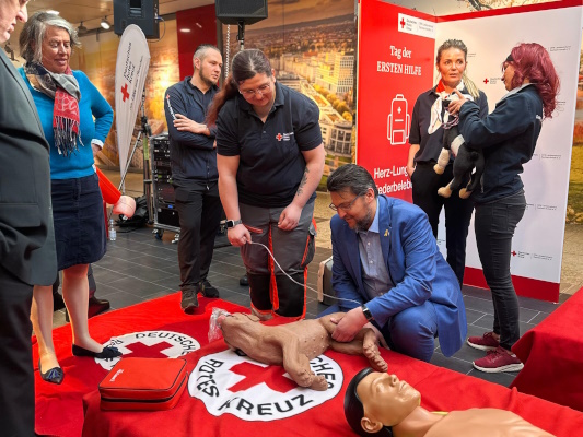 Ausstellung des DRK Sachsen-Anhalt zum Thema Erste Hilfe am 11.04. im Allee-Center. 